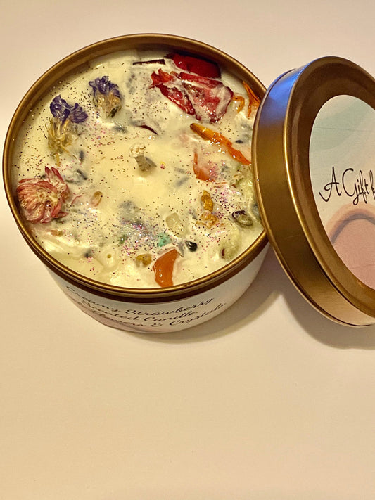 Creamy Strawberry Scented Tin Luxury Candle infused with Flowers and Crystals. 8oz - Choose your Scent