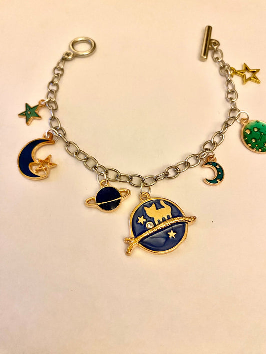 Planets, Moon and Stars Pretty Multi Charm Bracelet.  Ladies, Girls, Gift For her, Birthday, Cute Gift. Style 9