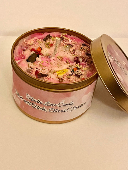 Hoodoo Magical Love Dolls in a Candle made with hoodoo oils, herbs, flowers and Crystals. 8oz