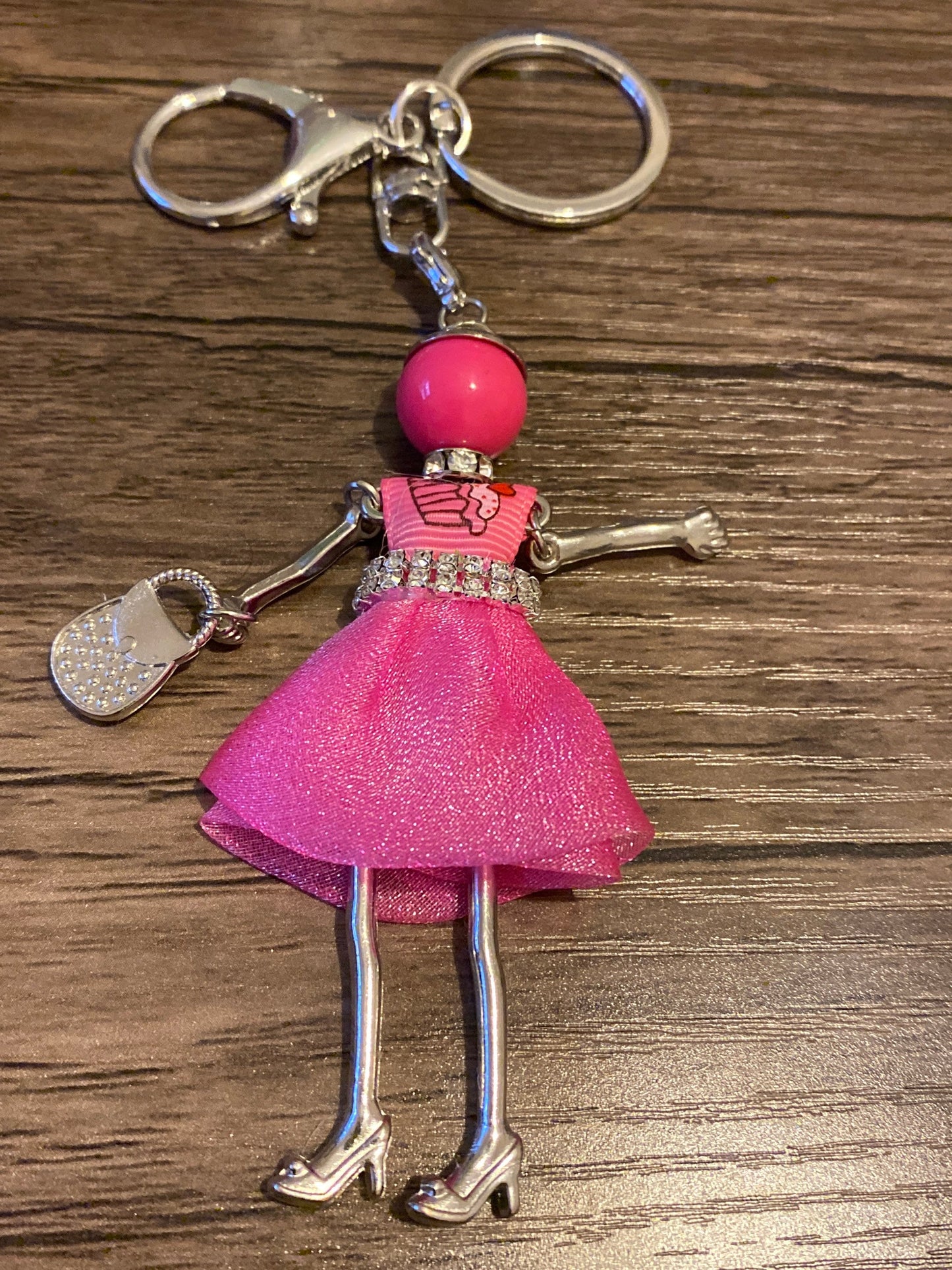 Pink Doll Keyring with Rhinestones,  Hand Bag, Belt Phone Charm. Gift For her, Birthday, Cute Gift, Fun, Cute. Purse Charm, Jewellery.