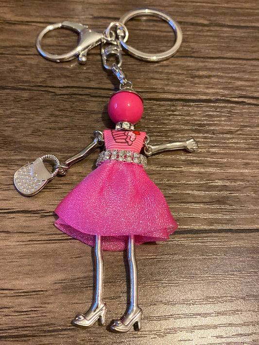 Pink Doll Keyring with Rhinestones,  Hand Bag, Belt Phone Charm. Gift For her, Birthday, Cute Gift, Fun, Cute. Purse Charm, Jewellery.