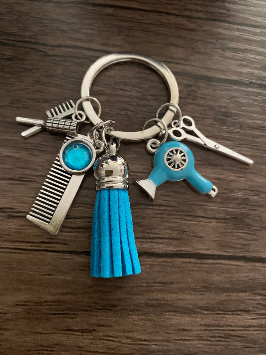 Blue Hairdresser, Fashion Student, Pretty Multi Charm Keyring, Hand Bag, Phone Charm. Gift For her, Birthday, Cute Gift, Fun, Cute..