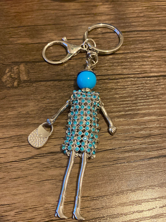 Blue Rhinestones Doll Keyring, Hand Bag, Belt Phone Charm. Gift For her, Birthday, Cute Gift, Fun, Cute. Purse Charm, Jewellery.