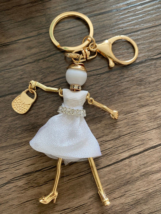 White Doll Keyring with Rhinestones,  Hand Bag, Belt Phone Charm. Gift For her, Birthday, Cute Gift, Fun, Cute. Purse Charm, Jewellery.